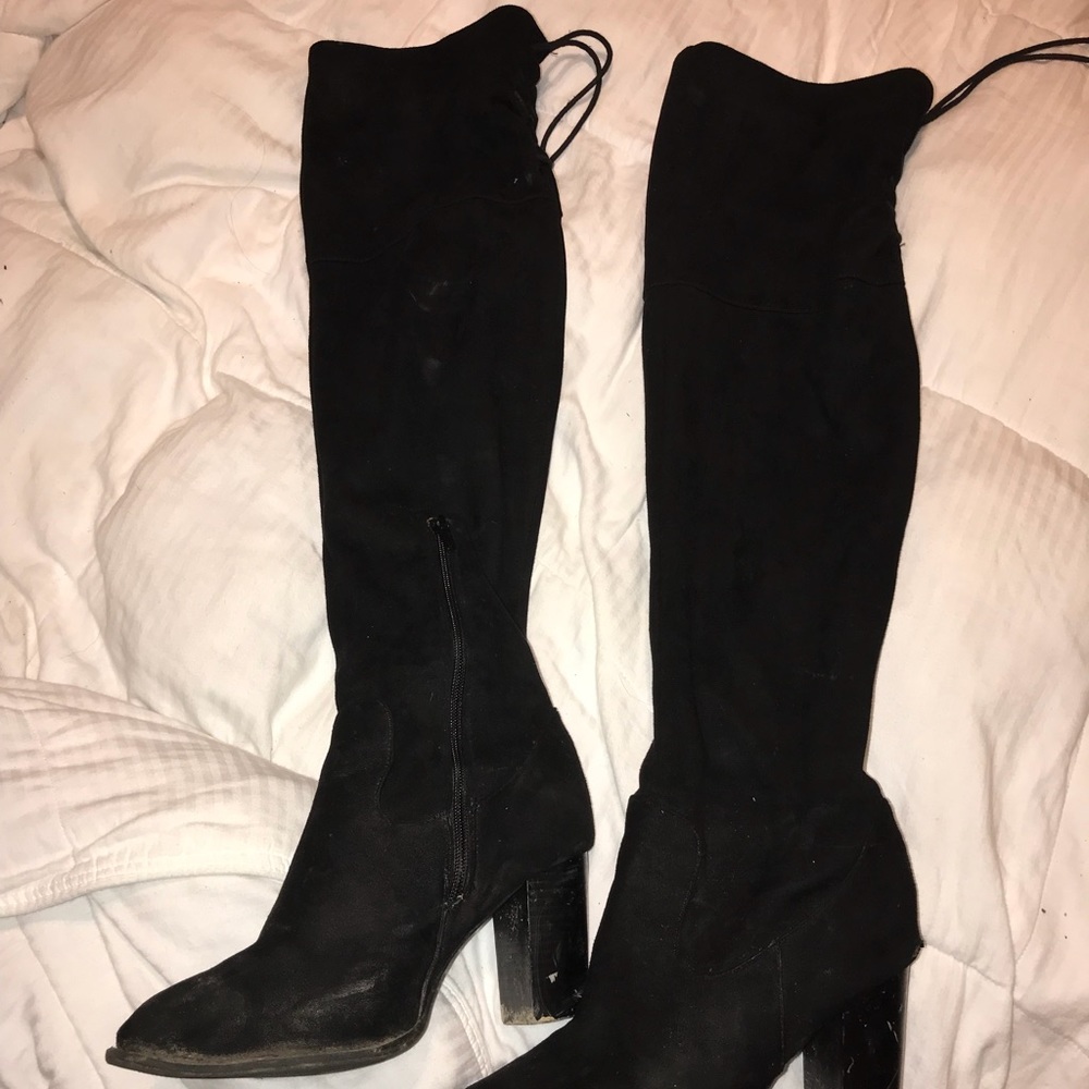 Over the knee, black suede heels